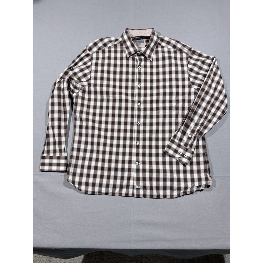 Johnston and Murphy White Plaid Long Sleeve Shirt XL Tailored Fit Flip Cuff